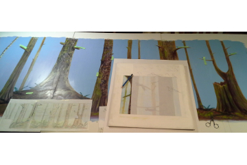 Painting in progress, with sketches and notes